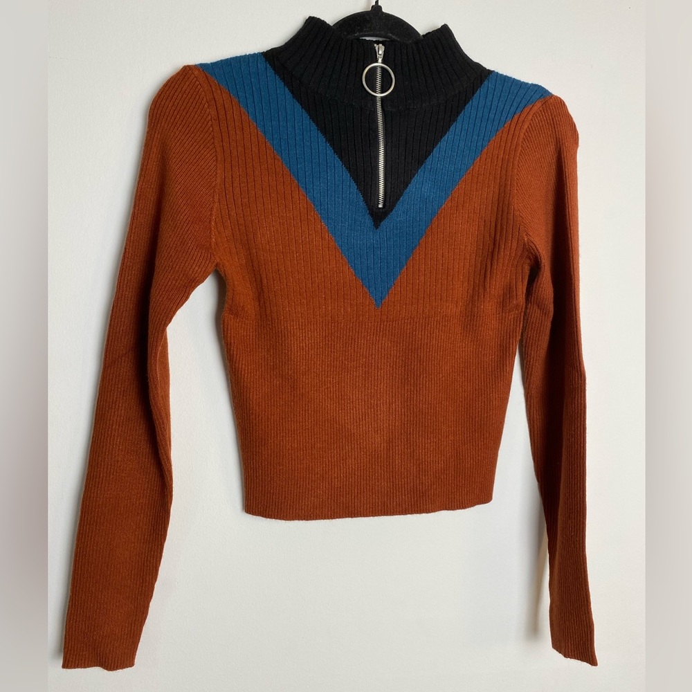 Women's NWT Half Zip Pullover sweater Knit top  Colorblock Mock Neck Crop Top
